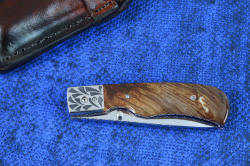 "Sadr" linerlock folding knife obverse side view, folded closed. Handle scales are mounted with stainless steel machine screws and bedded to the liners