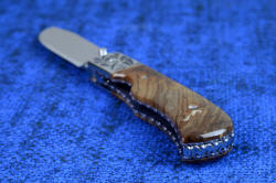 "Sadr" linerlock folding knife, handle butt detail. Polished jasper gemstone handle scales are smooth and glassy