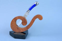 "Sanchez" obverse side view, custom knife in hardwood stand with Lapis Lazuli gemstone handle