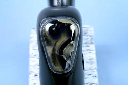 "Sirona" Fine Handmade Chef's Knife, large geodic agate gemstone cabochon detail in chef's knife stand
