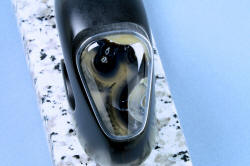 "Sirona" Fine Handmade Chef's Knife, detail of large mounted cabochon of gemstone in knife stand