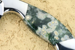 "Sirona" fine handmade chef's knife, obverse side view of gemstone handle. Green Orbicular agate gemstone is beautiful and very durable, a hard agate smooth and polished to a glassy finish.