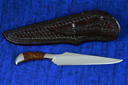 "Sonoma" working, chef's knife, reverse side view. Sheath back is fully tooled, double-row stitched with nylon, burgundy shoulder