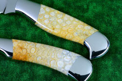 "Steak Knives, obverse side gemstone handle details. 304 high chromium bolsters are zero care and completely corrosion resistant, a Food Contact Safe material