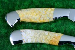 "Steak Knives" reverse side handle detail. Handles are Indonesian Fossil Coral Agate, extremely hard and tough, dens material formed 20 million years ago