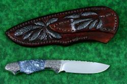 "Thuban" fine custom handmade knife, reverse side view. Sheath back and belt loop has profuse inlays of gray frog skin in heavy leather shoulder