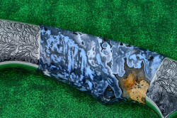 "Thuban" fine custom handmade knife, 5.25x enlargement of rare, unique blue-gray moss agate gemstone handle.