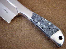 "Vega" Professional chef's knife obverse side handle detail. Larvikite is hard and tough, with blue-gray schiller.