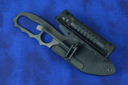 "Velox" counterterrorism tactical knife, sheathed view with HULA in sheath top position