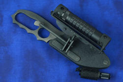 "Velox" tactical counterterrorism knife, sheathed view, showing option for mounting both the HULA and the LIMA flashlights on the small, lightweight sheath frame