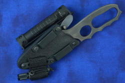 "Velox" counterterrorism tactical, combat knife, sheathed view, details of back of sheath showing mounting of both HULA and LIMA flashlight accessories