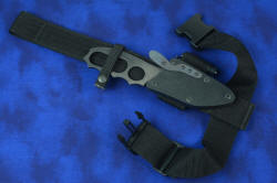 "Velox" tactical counterterrorism knife, shown with EXBLX, belt loop extender with thigh strap for wearing knife and sheath low on leg