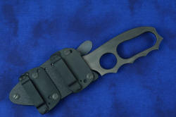 "Velox" sheath view with horizontal belt loop plates that allow the knife to be worn inline on a standard or tactical belt