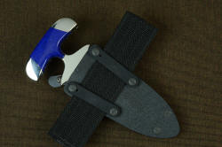 "Vindicator" tactical counterterrorism knife, mounting details of black vertical clamping strap, back side view