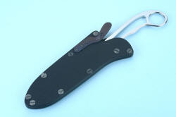 "Xanthid" tactical/working dive knife, sheathed view. Titanium spring release retains knife in sheath, released by finger pressure