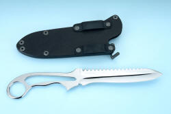 "Xanthid" tactical/working dive knife, reverse side view. Hybrid tension cam-lock sheath is shown with traditional low profile belt loops for ..190" thick web belt, vertical mounting. All fasteners are grayed and passivated 304 stainless steel
