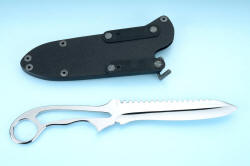 "Xanthid" tactical/working dive knife, reverse side view with sheath shown with flat strap clamps, vertical wear position. These anodized aluminum straps clamp rigidly to the belt or PALS or body armor or gear