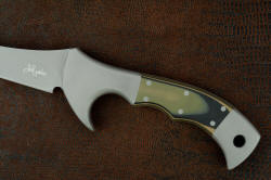 "Yidhra" obverse side handle detail. Handle is super-tough G10 fiberglass/epoxy laminate composite in olive, coyote brown, and black for camo look