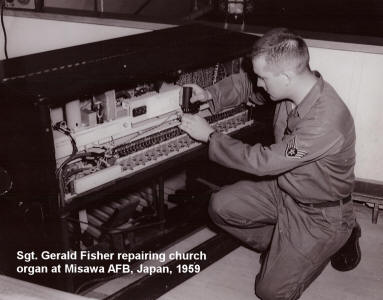 Gerald Fisher repairing church organ, Misawa AFB, 1959