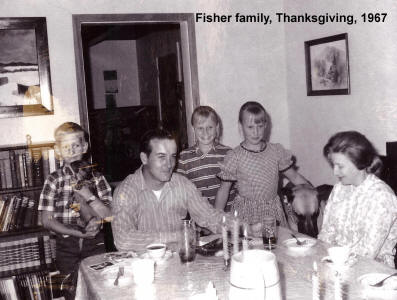 Fisher familly, 1967, Jay holding Lester Norman, Gerald (Jerry) Fisher, Lynne Fisher, Lynda Fisher, Lady (Great Dane) and Mom, Jean Fisher