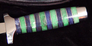 Aventurine in green and blue in hidden tang knife, dagger handle. Aventurine is tough and compact