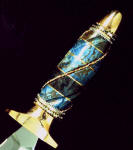 Chrysocolla gemstone on hidden tang dagger, wire wrapped, copper fittings
