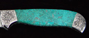 Chrysocolla gemstone custom knife handle with hand-engraved  stainless steel bolsters