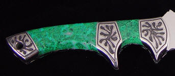Chrysocolla with hand-engraved 304 stainless steel bolsters