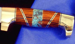 Chrysocolla gemstone knife handle on hidden tang knife with Cocobolo hardwood, brass