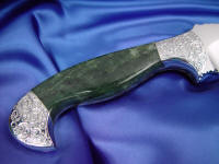 Alaskan Jade gemstone custom knife handle with hand-engraved stainless steel