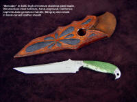 "Mercator," fine handmade knife in 440C stainless steel tanto blade, hand-engraved bolsters of 304 stainless steel, California nephrite jade gemstone handle, stingray skin inlaid in hand-carved leather sheath