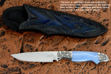 "Perseus" obverse side view in 440C high chromium martensitic stainless steel blade, hand-engraved 304 stainless steel bolsters, blue lace agate gemstone handle, hand-carved, hand-dyed leather sheath
