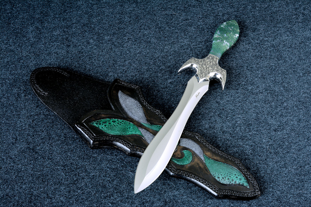 "Achelous" in ATS-34 high molybdenum stainless steel blade, hand-engraved 304 stainless steel bolsters, Indian Green Moss Agate gemstone handle, hand-carved leather sheath inlaid with frog skin