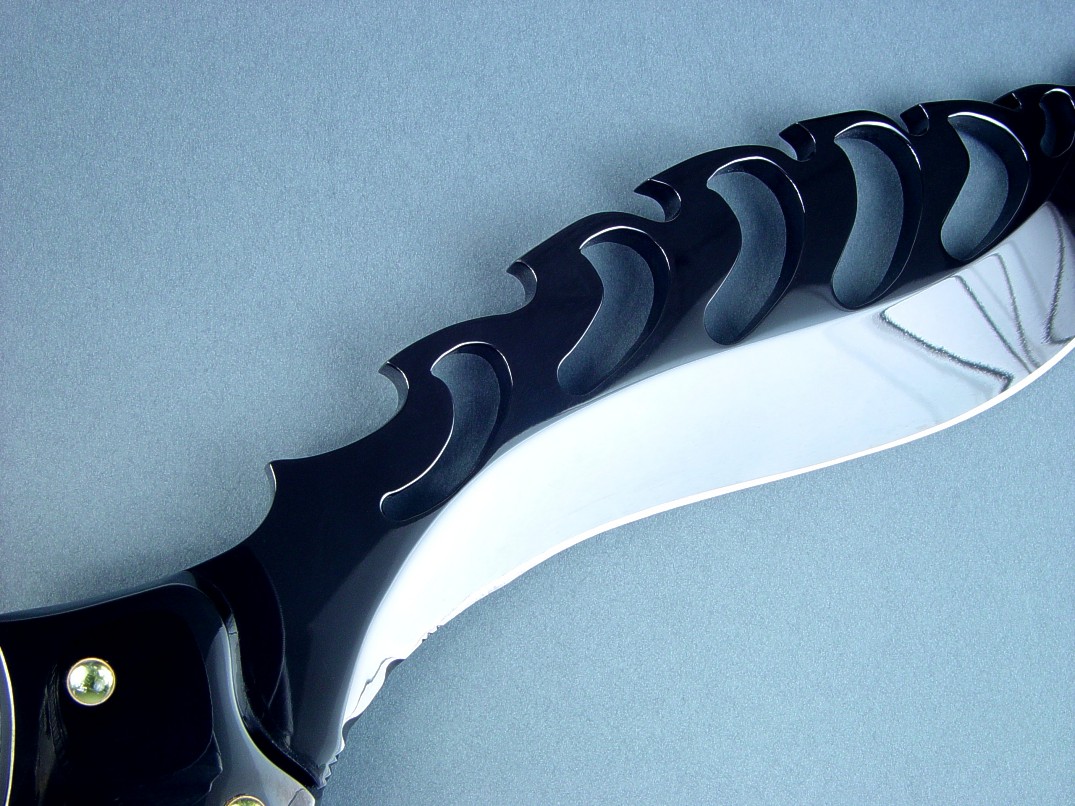 "Aegir" reverse side blade detail. O-1 high carbon tungsten-vanadium tool steel blade is hand-sculpted, mirror polished, and hot blued 