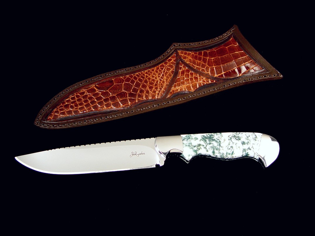 "Aldebaran" Fine investment grade collectors or using knife, obverse side view: ATS-34 stainless steel blade, 304 stainless steel bolsters, gemstone handle, alligator inlaid leather sheath