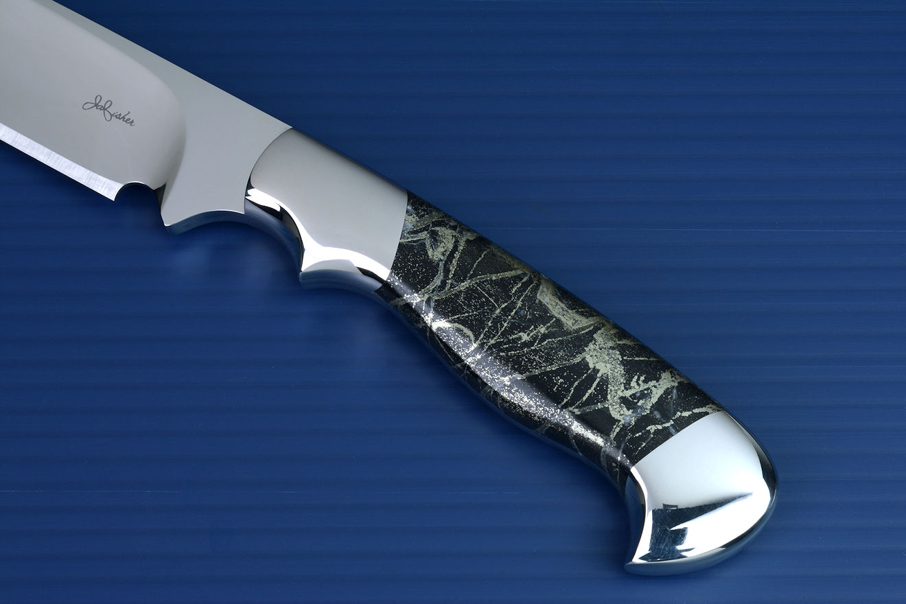 "Aldebaran" obverse side view in CPM154CM powder metal technology stainless tool steel blade, 304 stainless steel bolsters, Golden Midnight Agate gemstone handle, hand-carved leather sheath inlaid with ostrich leg skin