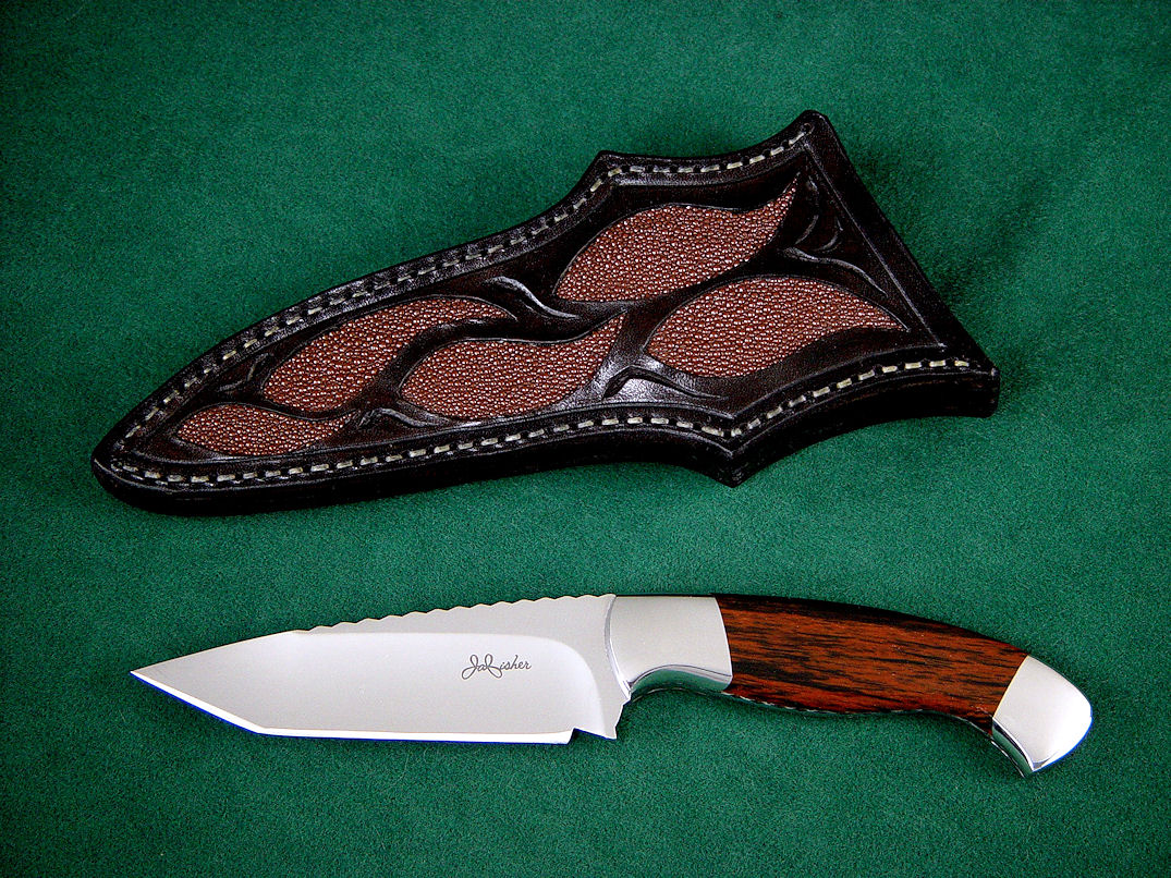 "Alegre" 440C high chromium stainless steel blade, 304 stainless steel bolsters, Mahogany Obsidian gemstone handle, brown rayskin inlaid in hand-carved leather sheath