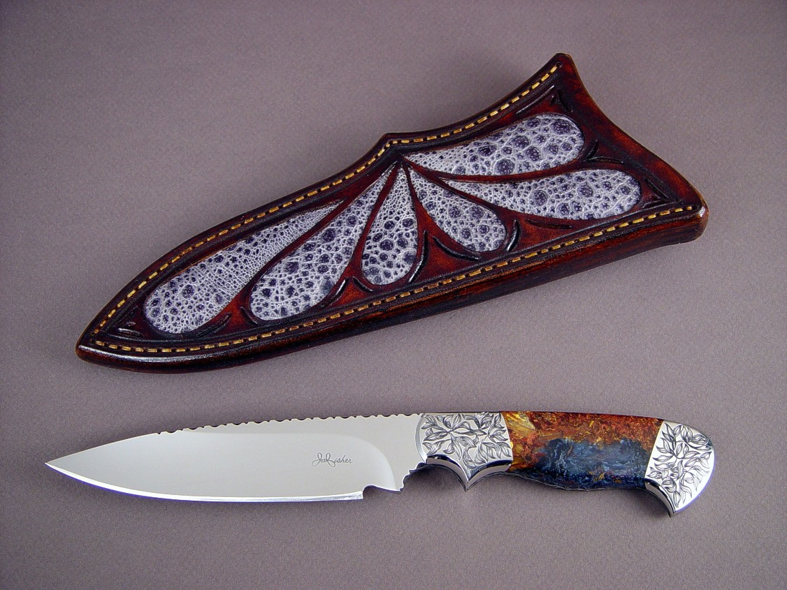 "Altair" obverse side view: CPM154CM stainless steel blade, hand-engraved 304 stainless steel bolsters, Pietersite gemstone handle, Frog skin inlaid in hand-carved leather sheath