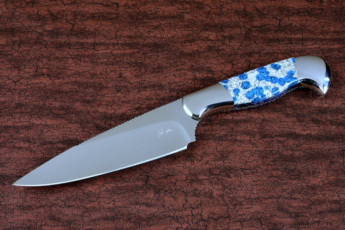 "Andromeda" obverse side view in T3 deep cryogenically treated CPM 154CM powder metal technology high molybdenum stainless steel blade, 304 stainless steel bolsters, K2 Azurite Granite gemstone handle, hand-carved leather sheath inlaid with blue rayskin