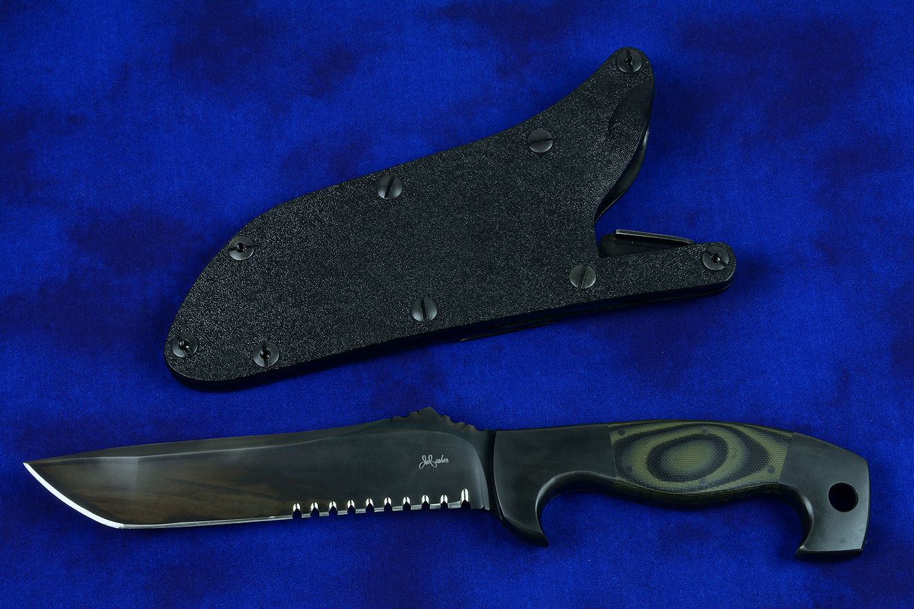 "Arctica" professional tactical, combat, rescue, counterterrorism knife, shadow line, obverse side view in ATS-34 high molybdenum stainless steel blade, 304 stainless steel bolsters, black/olive G10 fiberglass/epoxy laminate composite handle, locking kydex, anodized aluminum, stainless steel, titanium sheath