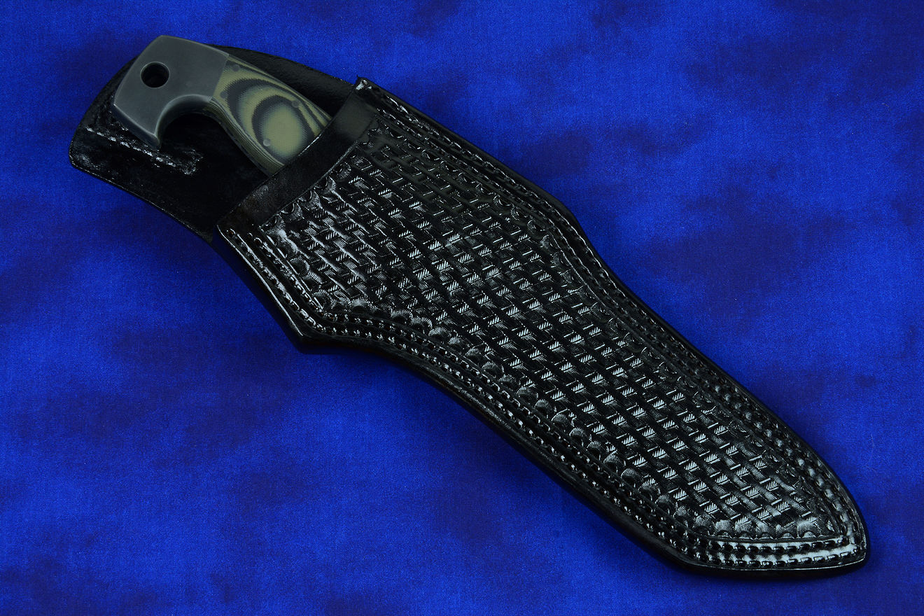 "Arctica" professional tactical, combat, rescue, counterterrorism knife, shadow line, obverse side view in ATS-34 high molybdenum stainless steel blade, 304 stainless steel bolsters, black/olive G10 fiberglass/epoxy laminate composite handle, locking kydex, anodized aluminum, stainless steel, titanium sheath