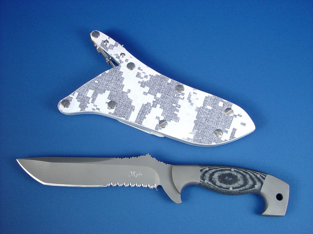 "Arctica" tactical, combat, CSAR, survival knife, obverse side view in 440C high chromium stainless steel blade, 304 stainless steel bolsters, gray/black G10 fiberglass/epoxy laminate handle, polar digital kydex, aluminum, stainless steel locking sheath