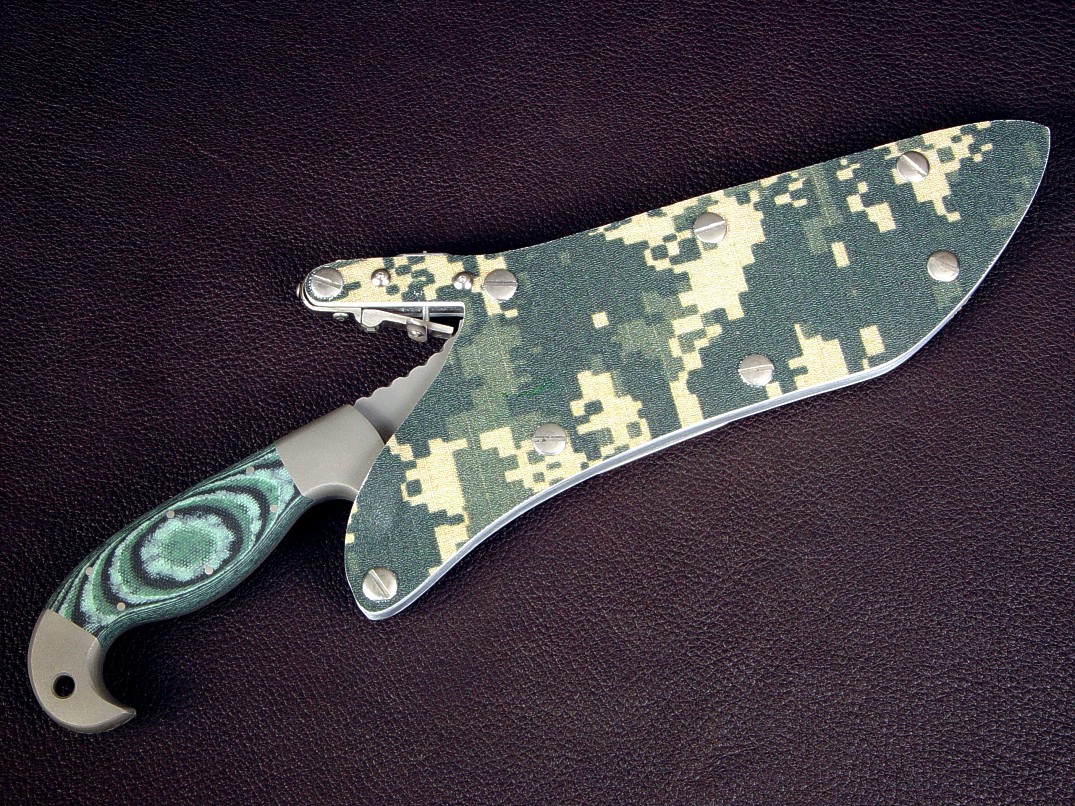 MARPAT pattern-dyed digi-camouflage kydex in locking knife sheath with stainless steel components and fittings on "Arcturus"
