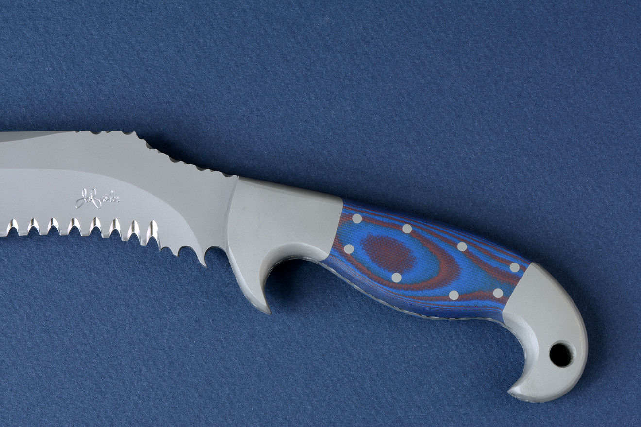 "Arcturus" obverse side view of counterterrorism, combat, professional service knife  in ATS-34 high molybdenum stainless steel blade, 304 stainless steel bolsters, Red/Blue G10 fiberglass/epoxy composite laminate handle, locking kydex sheath with leather sheath and complete accessory package
