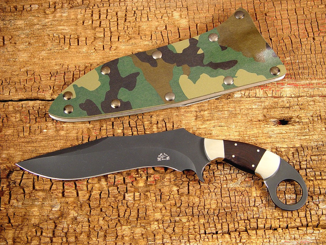 "Argiope" in bead blasted O-1 high carbon tungsten-vanadium tool steel blade, nickel silver bolsters, African Blackwood handle, forest camo kydex, aluminum, and blued steel sheath