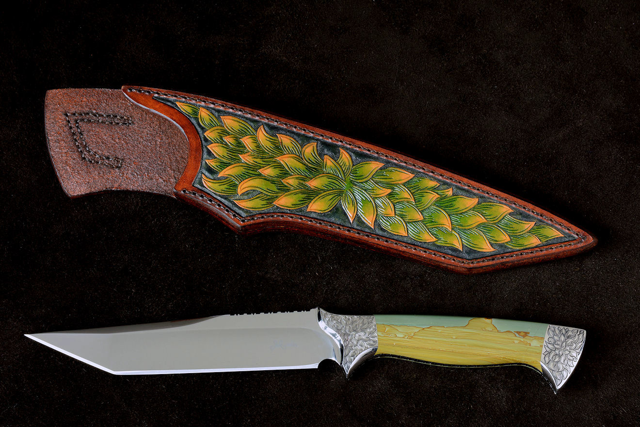 "Argyre" obverse side view in 440C high chromium stainless steel blade, 304 stainless steel hand-engraved bolsters, Landscape Jasper gemstone handle, hand-carved, hand-dyed leather sheath