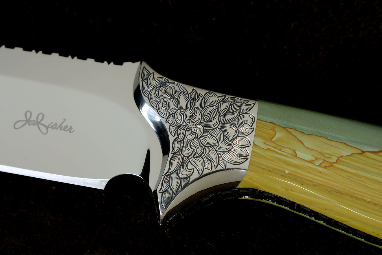 "Argyre" obverse side view in 440C high chromium stainless steel blade, 304 stainless steel hand-engraved bolsters, Australian Landscape Jasper gemstone handle, hand-carved, hand-dyed leather sheath