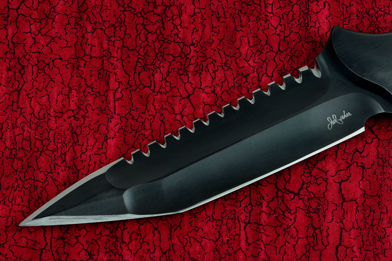 "Ari B'Lilah" professional counterterrorism knife, obverse side view in ATS-34 high molybdenum alloy stainless steel blade, T3 advanced cryogenic treatment, 304 stainless steel bolsters, ghost slate finish, G10 fiberglass/epoxy composite handle, hybrid tension-locking sheath in kydex, anodized aluminum, 304 stainless steel, titanium