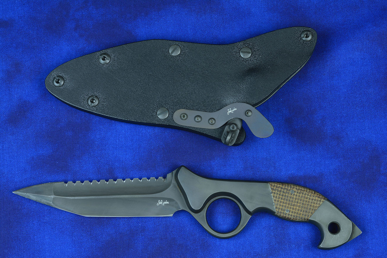 "Ari B'Lilah" Counterterrorism Tactical Knife in T3 cryogenically treated 440 C high chromium  martensitic stainless steel blade, 304 stainless steel bolsters, Kevlar reinforced phenolic handle, hybrid tension tab-locking sheath in kydex, anodized aluminum, stainless steel, titanium