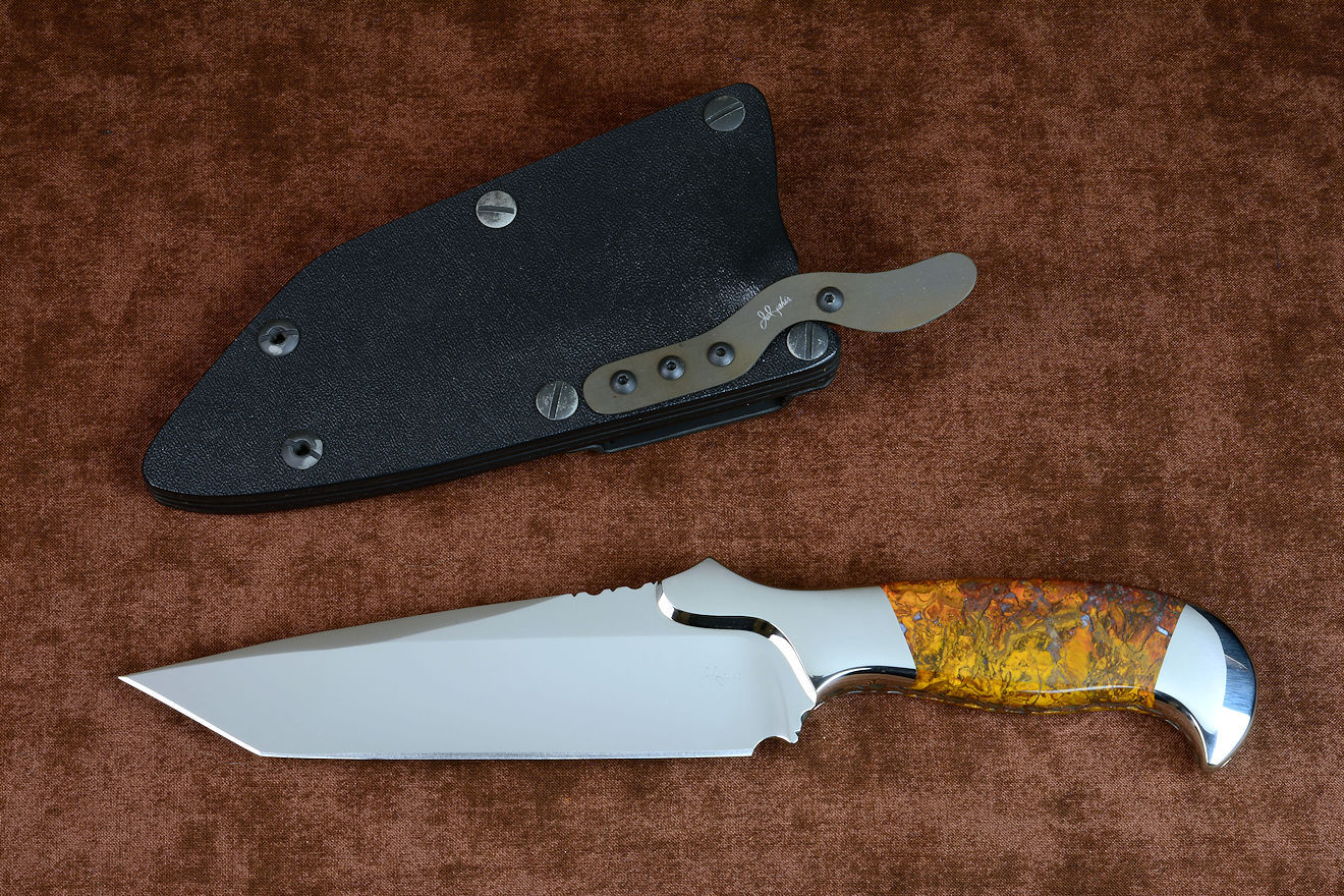 "Axia" Custom tactical knife, obverse side view in CPM 154CM powder metal high molybdenum martensitic stainless steel blade, T3 cryogenically treated blade, 304 stainless steel bolsters, Polvadera Jasper gemstone handle, hybrid tension-locking sheath in kydex, anodized aluminum, stainless steel, titanium